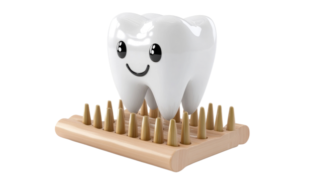 A happy tooth character, with a glossy finish, is positioned on a wooden base with sharp points. This represents dental care and education in a playful manner, ideal for engaging young audiences