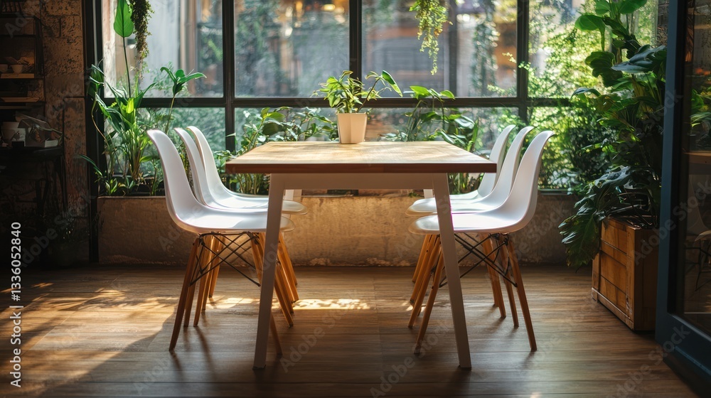 Poster empty cafe table by large window