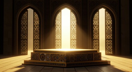 Golden Hour Illumination in an Ornate Islamic Palace Interior with Intricate Archways and a Majestic Platform