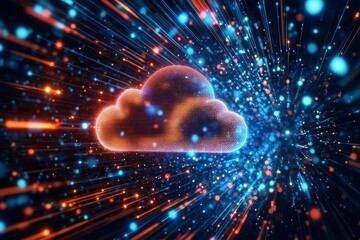 Futuristic cloud computing visualization with dynamic data transfer and digital elements