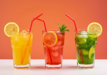 A bright and colorful photo of three glasses of iced drinks against a gradient background of peach to pink. The drinks are placed on a white surface and are garnished.

