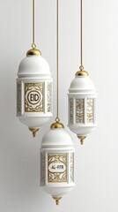Three White and Gold Hanging Lanterns with Ornate Designs Against a Textured White Background