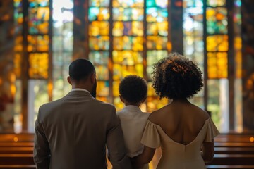 A loving family stands united in a church, illuminated by colorful stained glass, showcasing a moment of togetherness and joy.