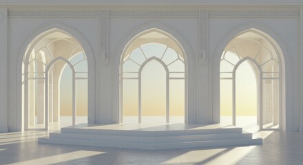 Fototapeta premium Serene White Palace Architecture with Sunlit Arches and Elevated Platform