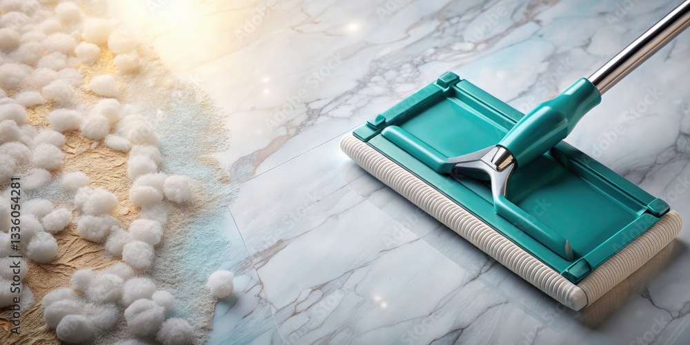 Poster bird's eye view of a groove cleaner on a marble surface with soft bokeh background for high-contrast