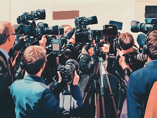 Press Conference Scene with Cameras and Journalists at Event