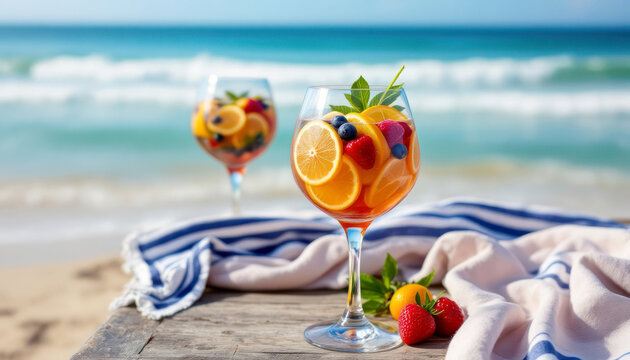 A fruity Sangria in a wine glass, filled with slices of citrus and berries, placed on a wooden table on the beach, with a striped beach towel and the ocean waves gently lapping against the shore