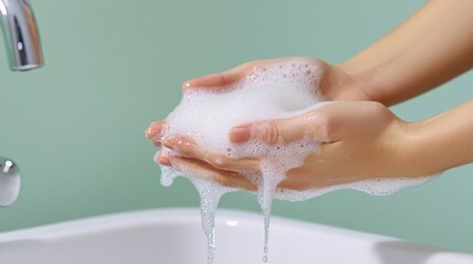 Fototapeta premium hands being washed under running water, with soap suds on the fingers and a pale green sink background