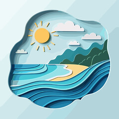 Stylish sea breeze icon in 3D papercut style with sunny landscape, tranquility