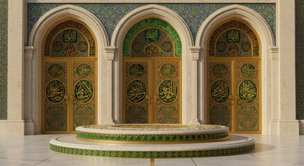 Obraz premium Magnificent Mosque Entrance: Intricate Green and Gold Doors with Arabic Calligraphy