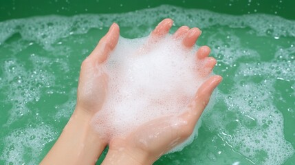 Fototapeta premium hands being washed under running water, with soap suds on the skin and a clear green sink background