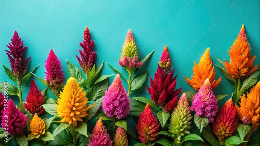 Poster bokeh effect celosia crests in bold contrast - top-down flat lay view for design elements and copy s