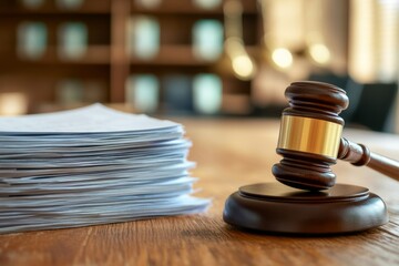 Gavel and legal documents on a wooden table with blurred office background representing justice