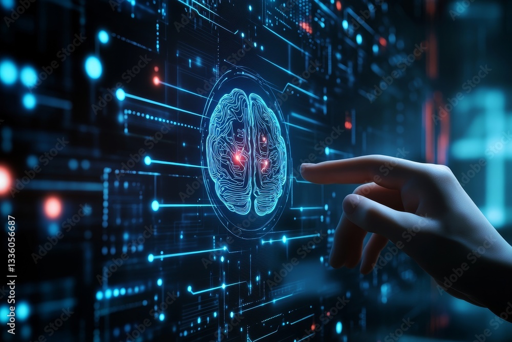 Poster futuristic 3d rendering of hand interacting with holographic brain interface on digital screen