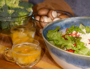 Fruits punch, vegetables and salad