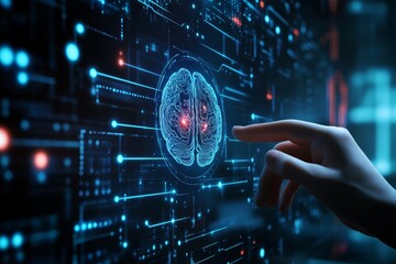 Futuristic 3d rendering of hand interacting with holographic brain interface on digital screen