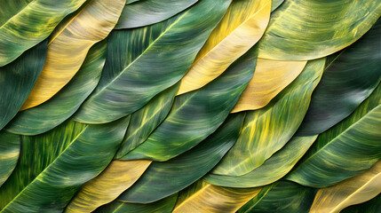 Obraz premium Top view of overlapping leaves creating abstract green textures with soft light and shadows, foliage in natural organic pattern, ideal for backgrounds, wallpapers, eco-friendly concepts.
