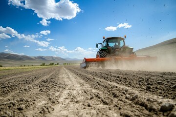 Fototapeta premium A vibrant spring scene of a tractor plowing a field under a clear blue sky with dust particles