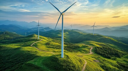 Renewable energy revolution wind turbines on lush hillsides nature landscape sunset view green solutions