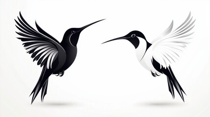 Obraz premium Two Hummingbirds in Flight Black and White Illustration