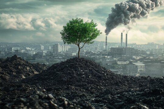 A small green tree thrives on waste amid urban pollution  symbol of hope against global warming