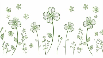 A clover flower outline with three-leaf clovers surrounding tiny floral details on a white background.
