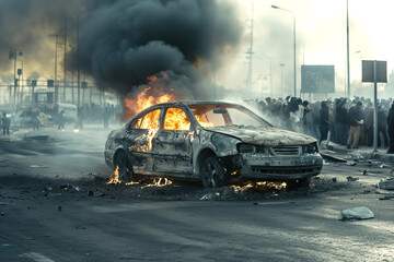 A burnt-out car engulfed in flames amidst a chaotic urban protest scene.