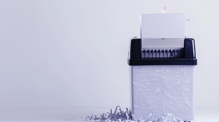 A compact, portable paper shredder with shredded paper visible in the bin, placed against a white background.