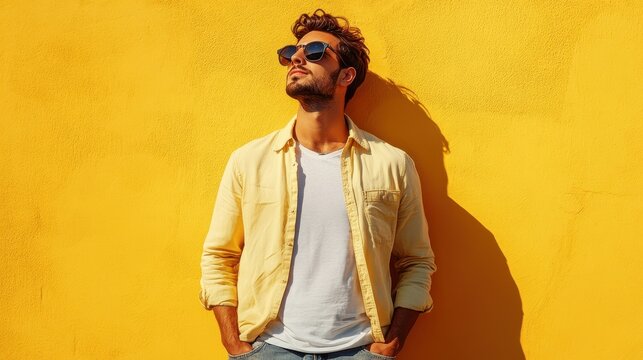 Photo of young excited man happy positive smile clubber dance party sunglass isolated over yellow color background