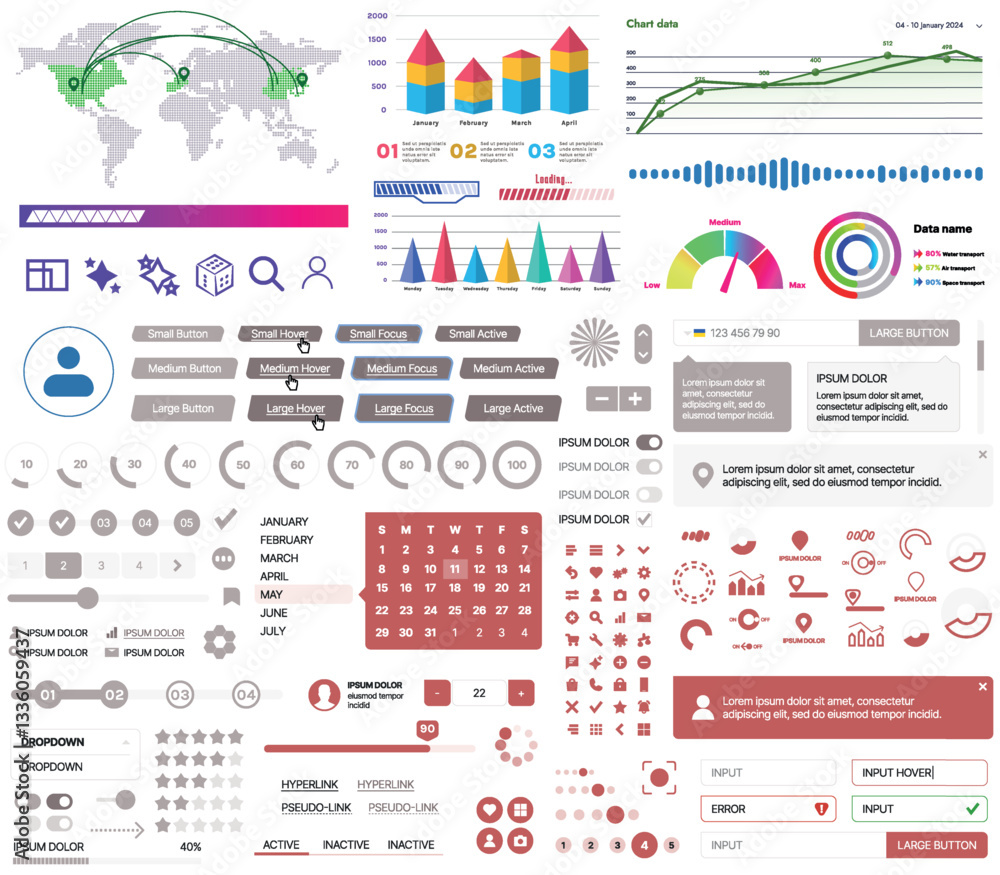Fototapete a set of ui ux elements for financial applications and platforms: buttons, panels, charts, calendars