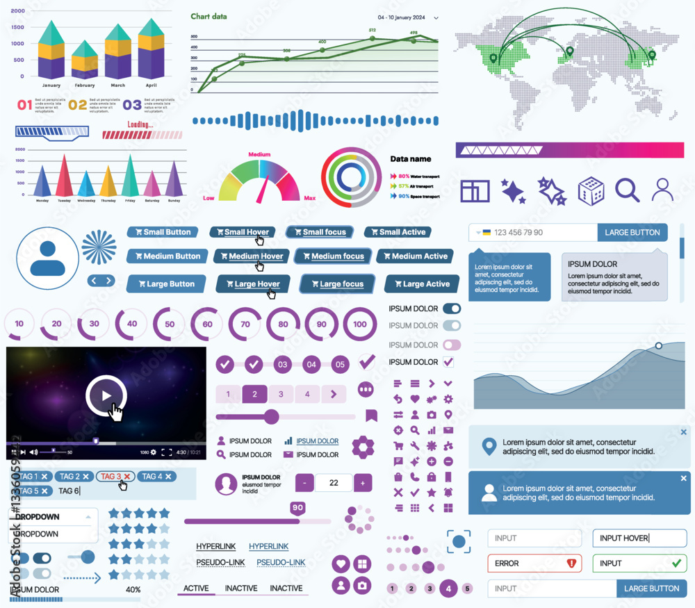 Fototapete a set of ui ux elements for financial applications and platforms: buttons, panels, charts, calendars
