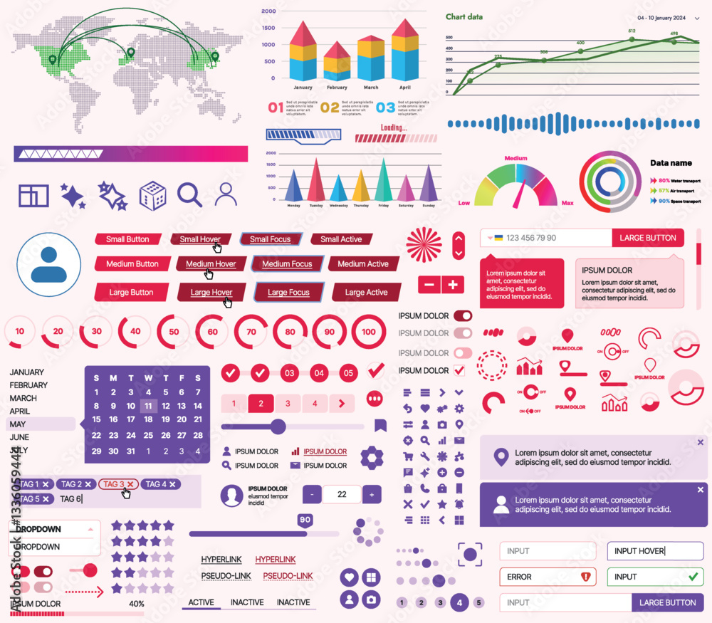 Fototapete a set of ui ux elements for financial applications and platforms: buttons, panels, charts, calendars
