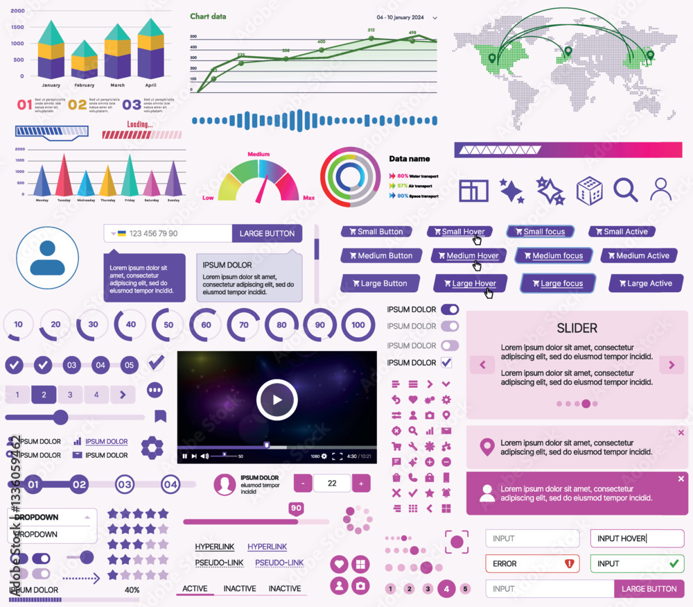 Fototapete a set of ui ux elements for financial applications and platforms: buttons, panels, charts, calendars