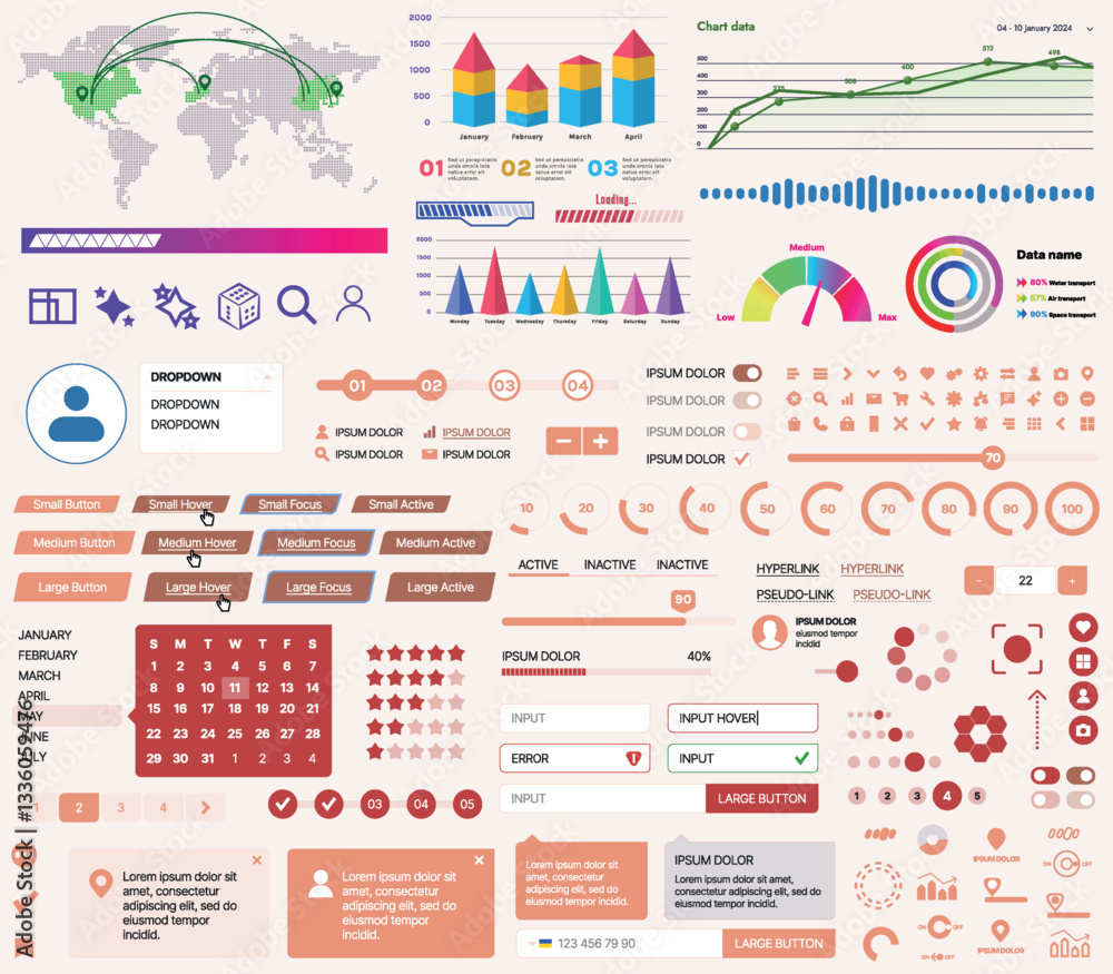 Fototapete a set of ui ux elements for financial applications and platforms: buttons, panels, charts, calendars