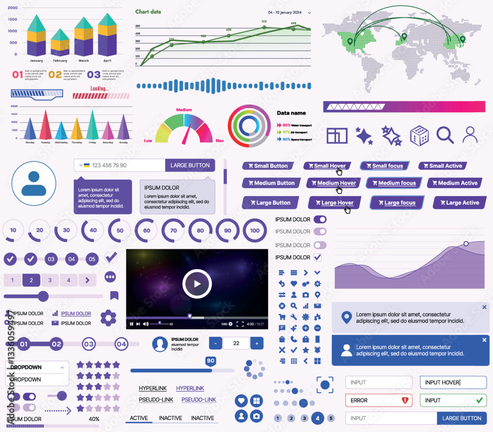 Fototapete a set of ui ux elements for financial applications and platforms: buttons, panels, charts, calendars