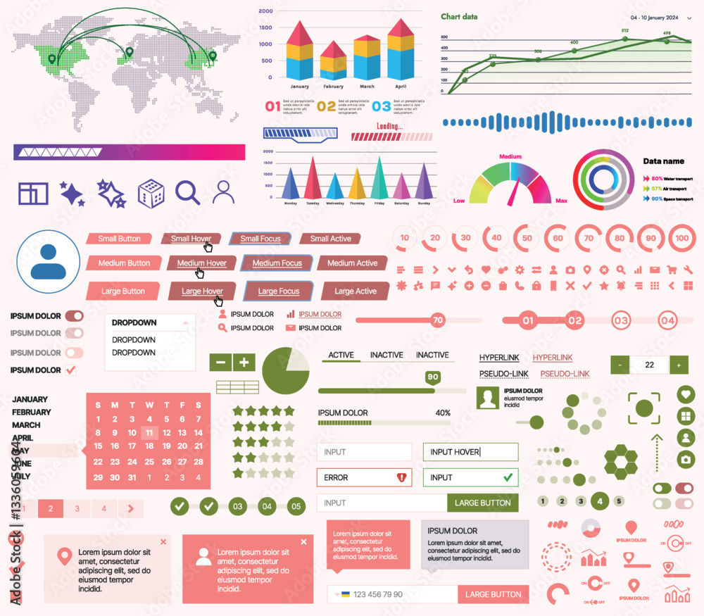 Fototapete a set of ui ux elements for financial applications and platforms: buttons, panels, charts, calendars