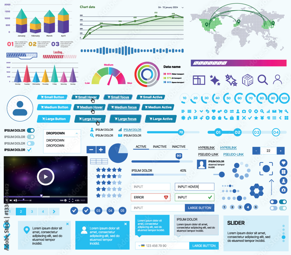 Fototapete a set of ui ux elements for financial applications and platforms: buttons, panels, charts, calendars