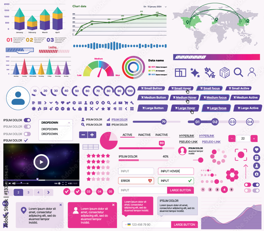Fototapete a set of ui ux elements for financial applications and platforms: buttons, panels, charts, calendars
