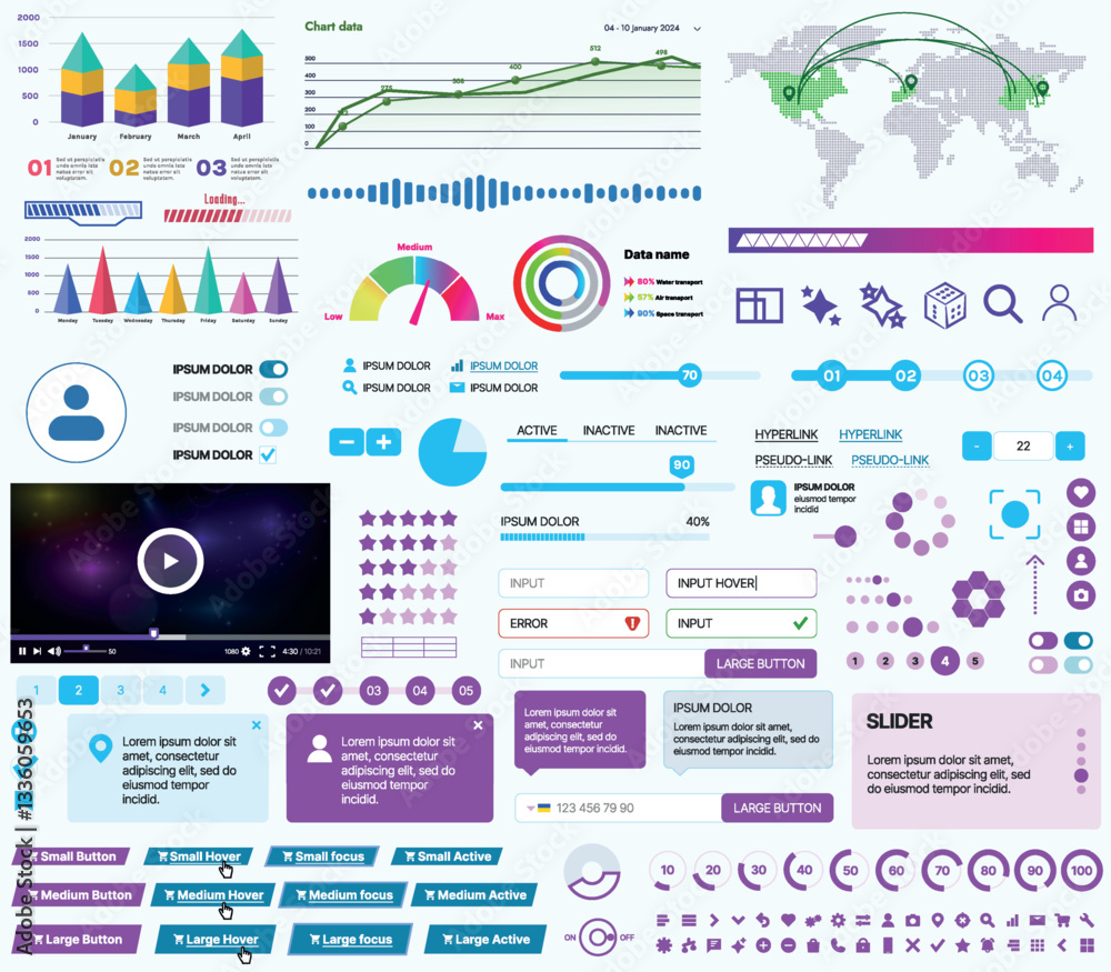 Poster a set of ui ux elements for financial applications and platforms: buttons, panels, charts, calendars