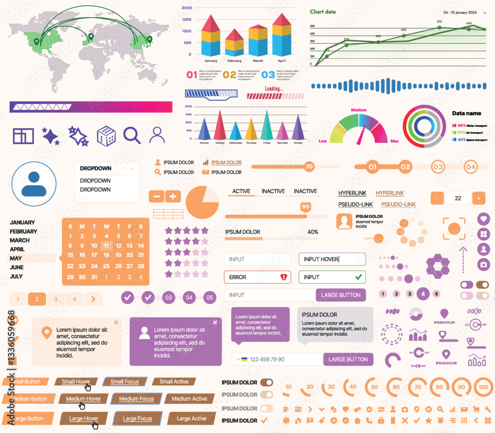 Fototapete a set of ui ux elements for financial applications and platforms: buttons, panels, charts, calendars