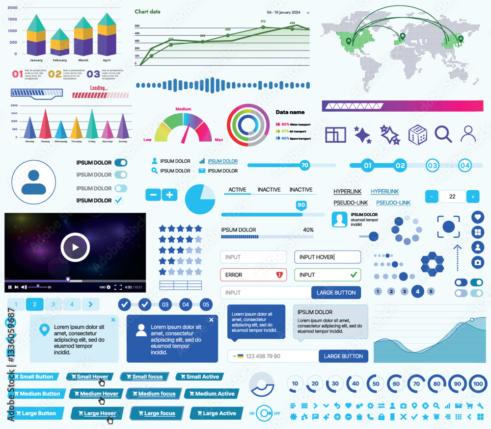 Fototapete a set of ui ux elements for financial applications and platforms: buttons, panels, charts, calendars