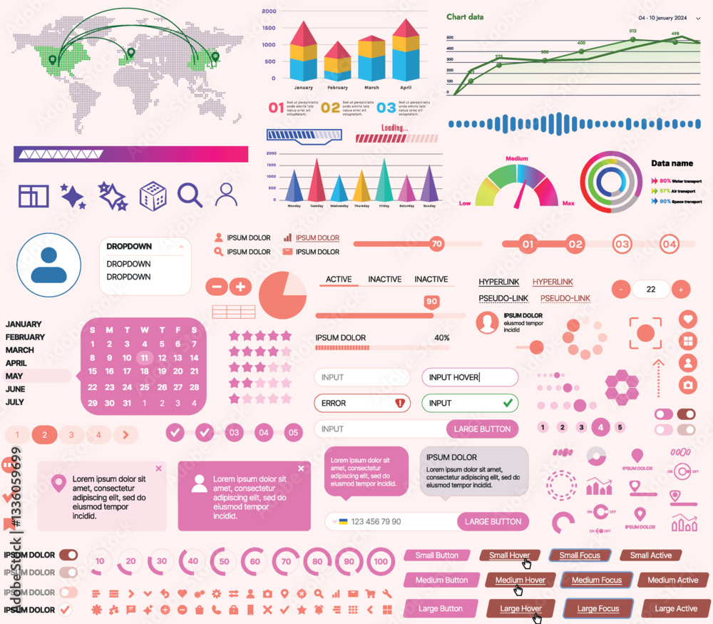 Fototapete a set of ui ux elements for financial applications and platforms: buttons, panels, charts, calendars