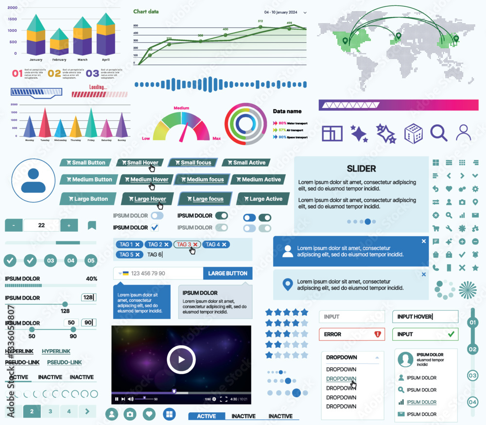 Fototapete a set of ui ux elements for financial applications and platforms: buttons, panels, charts, calendars