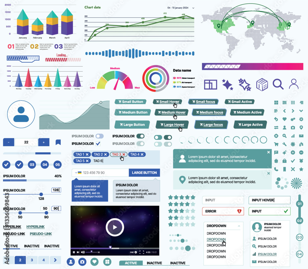 Fototapete a set of ui ux elements for financial applications and platforms: buttons, panels, charts, calendars