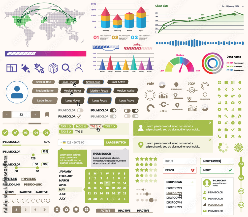 Fototapete a set of ui ux elements for financial applications and platforms: buttons, panels, charts, calendars