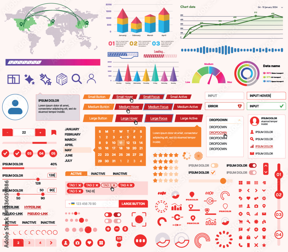 Fototapete a set of ui ux elements for financial applications and platforms: buttons, panels, charts, calendars