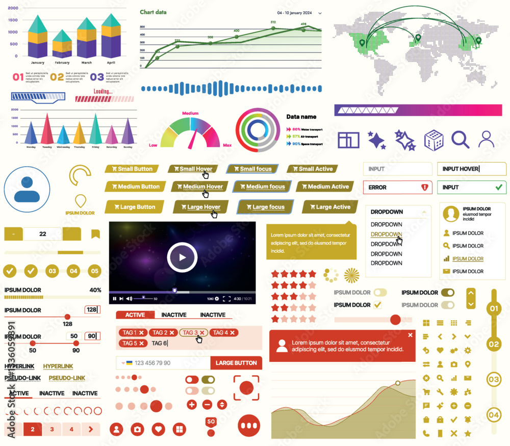 Fototapete a set of ui ux elements for financial applications and platforms: buttons, panels, charts, calendars