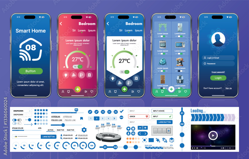 Fototapete a set of ui ux elements for smart home management mobile apps: an interface with buttons, panels, gr
