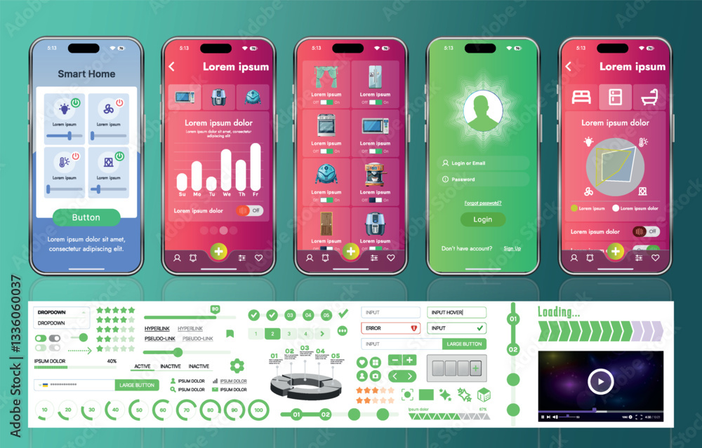Fototapete a set of ui ux elements for smart home management mobile apps: an interface with buttons, panels, gr