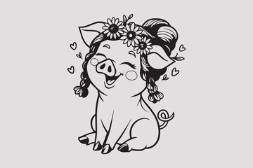 Sweet Smiling Piglet with Flowers in Her Hair vector